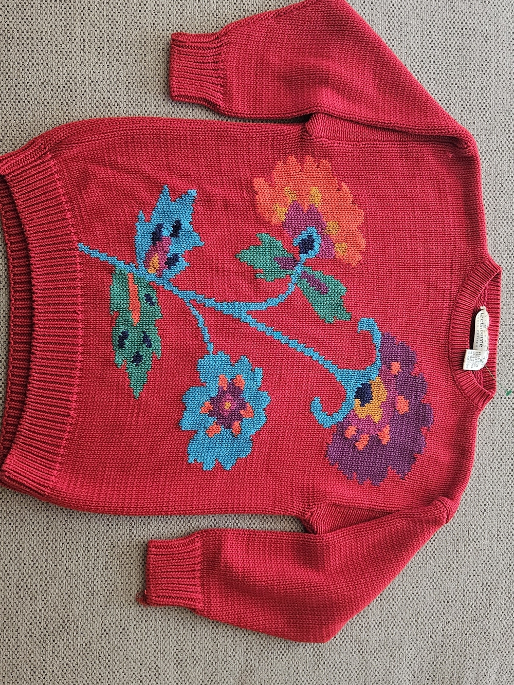 Vintage 90s Liz Claiborne Hand Knit Sweater Grandmacore 4P Red Floral Chic - Picture 2 of 6
